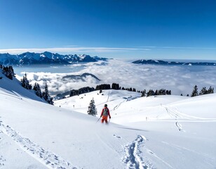 Snowy mountain landscape with skier