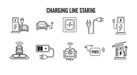 Electric vehicle charging station icons set modern clean line art symbols for sustainable energy transportation vector