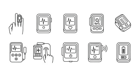 Set of hand drawn mobile app interface icons showing health monitoring and data visualization elements vector