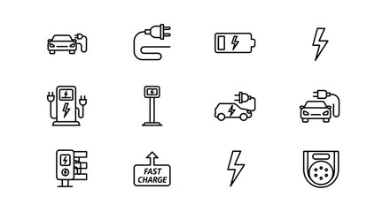 Collection of electric vehicle charging icons symbolizing eco-friendly transportation and clean energy solutions vector