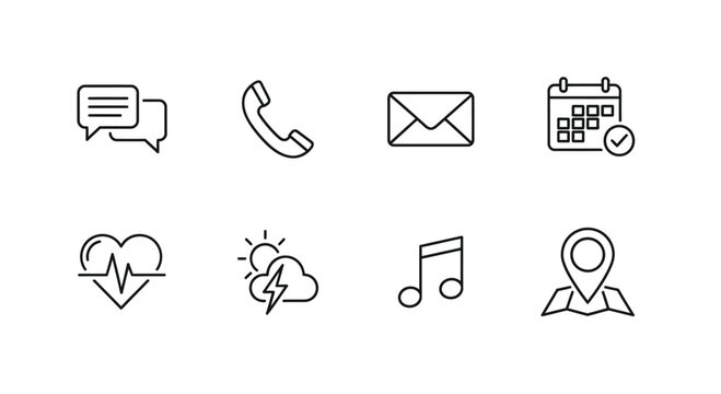 Set of eight hand drawn outline icons representing communication and lifestyle vector