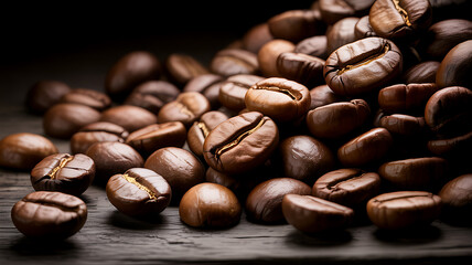 Naklejka premium Pile of Roasted Coffee Beans on a Dark Wooden Surface coffee beans, roasted coffee