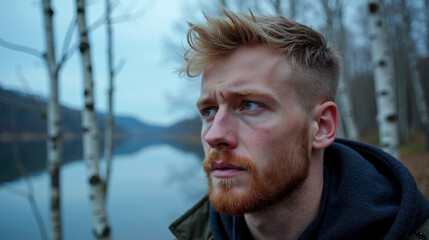 Fototapeta premium Portrait of a swede - contemplative young man with ginger beard by lake