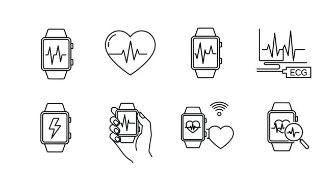 Collection of smartwatch health icons featuring heart rate ecg and battery charging indicators vector