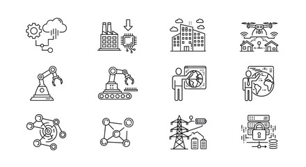 Modern technology icons representing industry innovation and automation concepts in a grid layout vector