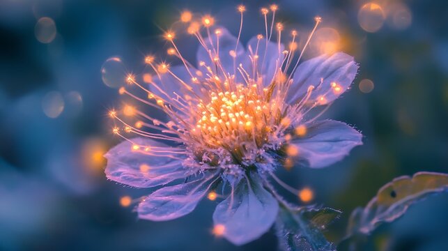 Magical glowing flower center with delicate petals and bokeh lights