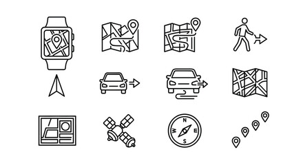 Hand drawn navigation icons set featuring map gps car satellite compass and person walking for travel and location services vector