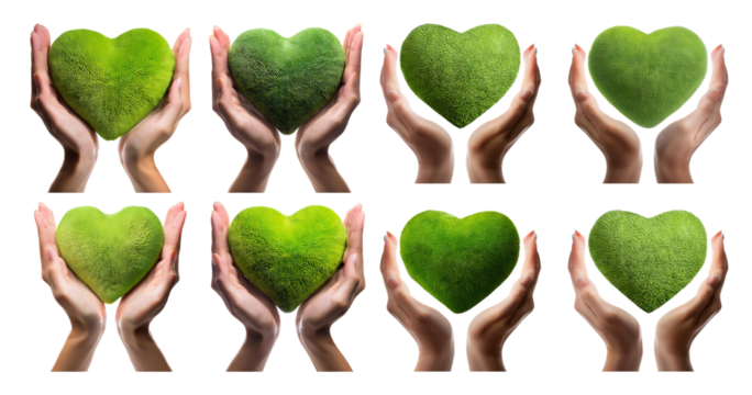 Hands Holding Green Heart Shapes Symbolizing Nature and Care, isolated on transparent background