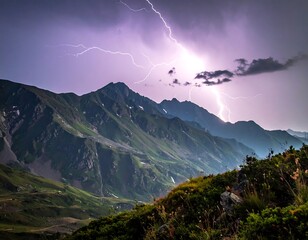 Majestic mountain range illuminated by a vibrant lightning storm