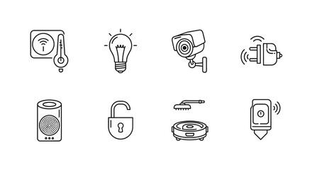 Collection of smart home technology icons featuring security and automation devices hand drawn style vector