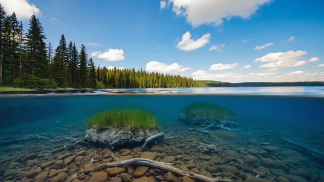 Calm Split-Level Freshwater River with Submerged Landscape Animation Loop