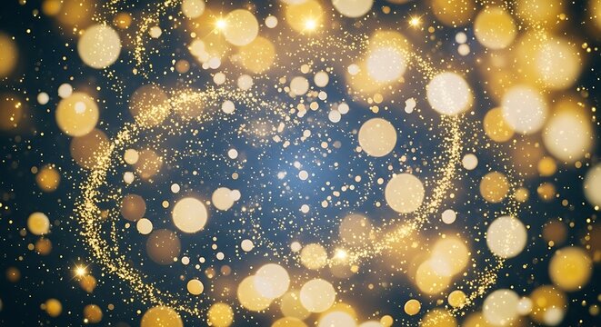 Abstract golden particles and bokeh lights create a magical, swirling galaxy effect.