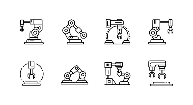 Set of industrial robot arm icons representing automation and manufacturing technology vector
