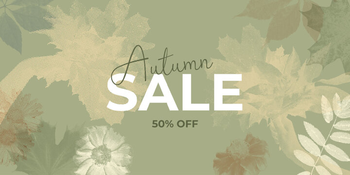 Autumn sale banner. Trendy halftone collage. Background with autumn leaves and flowers with a grainy photocopy effect for flyers, banners, and social media. Vector illustration