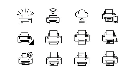 Set of icons representing various printer functions and connectivity options vector