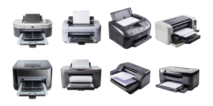 Variety of Printers with Paper Outputs, PNG collection, set bundle, isolate on transparent or white background