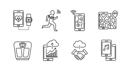 Collection of hand drawn icons representing health fitness and technology gadgets seamless pattern vector