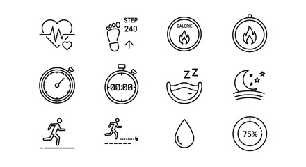 Health and fitness icons set for wellness and activity tracking applications user interface design vector