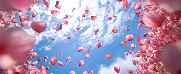 Floating Rose Petals Against Blue Sky: Romantic, Dreamy, and Artistic Composition.