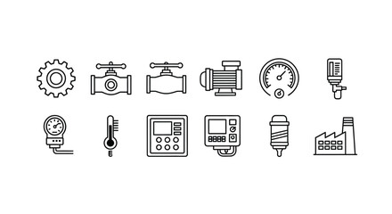 Industrial equipment icons set featuring gears valves meters and control panels for manufacturing and automation vector