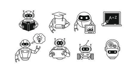 Set of eight friendly robot icons representing technology innovation and learning in a clean line art style vector
