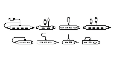 Collection of digital audio video input output interface connectors and adapters simplified line art vector