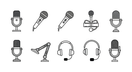 Collection of hand drawn microphones and headphones for podcasting and recording studio use vector