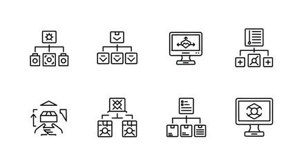Set of 8 hand drawn organizational chart icons representing business structure and hierarchy vector