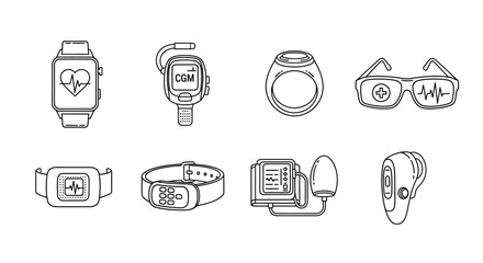 Collection of modern wearable health and fitness trackers and devices line art icons vector