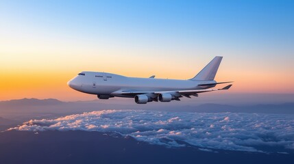 Fototapeta premium Airplane flying above clouds during sunset with vibrant sky colors and serene landscape in the background