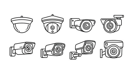 Set of security cameras in a sketched outline style showing dome and bullet camera types vector © rohan