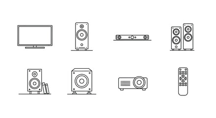 Collection of hand-drawn style home entertainment electronic devices and accessories icon set vector