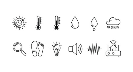 Hand drawn weather and technology icons set featuring sun thermometer rain cloud light bulb and sound waves vector