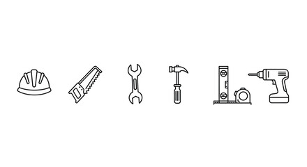 Collection of hand drawn construction tools including hard hat wrench hammer and drill vector