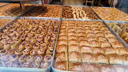 Delicious selection of traditional turkish baklava at a bakery