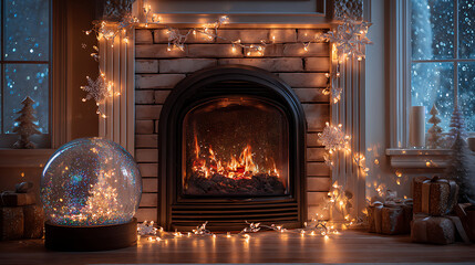 Cozy and brick fireplace with christmas decorations, lights and a snow globe
