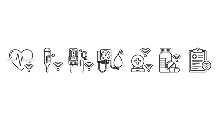 Modern healthcare technology icons featuring heartbeat thermometer pills medical equipment and data analysis vector