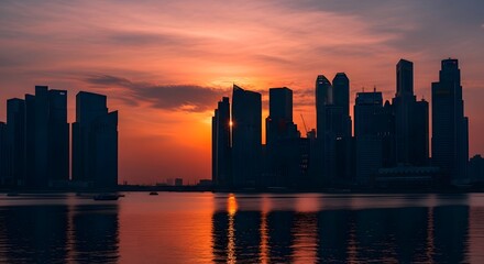 Fototapeta premium A stunning sunset paints the cityscape and river with vibrant, casting the skyline in silhouette
