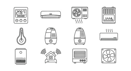 Home climate control appliances collection line art icons for smart home technology and hvac systems vector