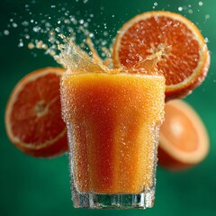 Thirst quenching vibrant orange juice splashes dynamically in a condensation covered glass surrounded by fresh citrus slices