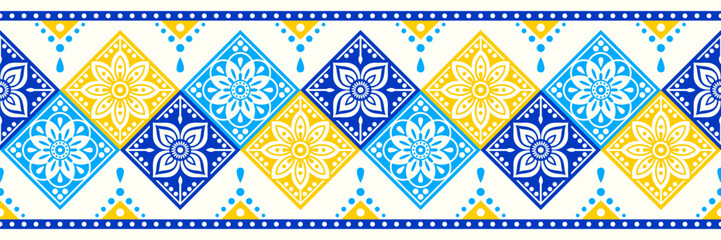 Obraz premium Patterned seamless border, vector flowers motifs in diamond shapes, like traditional Ukrainian and Polish floral folk art embroidery designs.