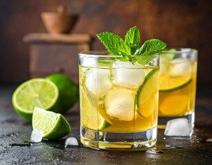 Fototapeta premium Refreshing drinks with ice, lime, and mint, garnished