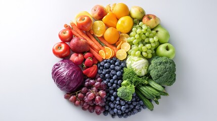 selection. Circular arrangement of fresh fruits and vegetables on a clean white background with soft shadows. menu design.