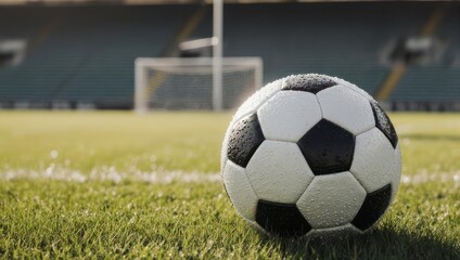 Soccer ball on a green grass field with goal in the background.