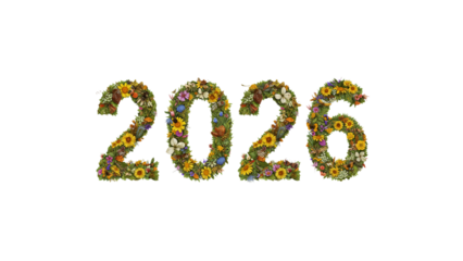 2026 floral number design made of colorful flowers and green leaves on transparent background