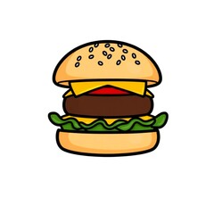 Cartoon illustration of a delicious hamburger with cheese and lettuce