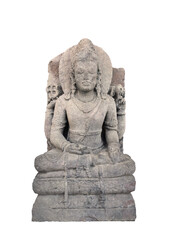 Fototapeta premium Ancient Javanese Tantric deity statue, seated in meditation and flanked by menacing skulls. This piece reflects the darker, yet highly symbolic, ritual iconography and syncretic art of classical Indon