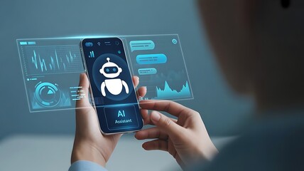 Person using smartphone with ai chatbot and futuristic interface