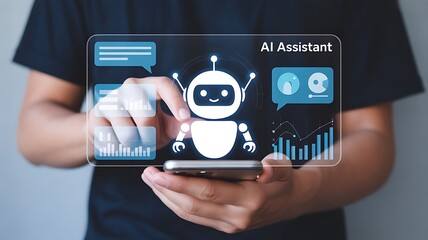 Person uses tablet with ai assistant interface futuristic technology