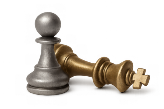Pawn defeating king in chess game symbolizing underdog victory and strategic power with transparent background